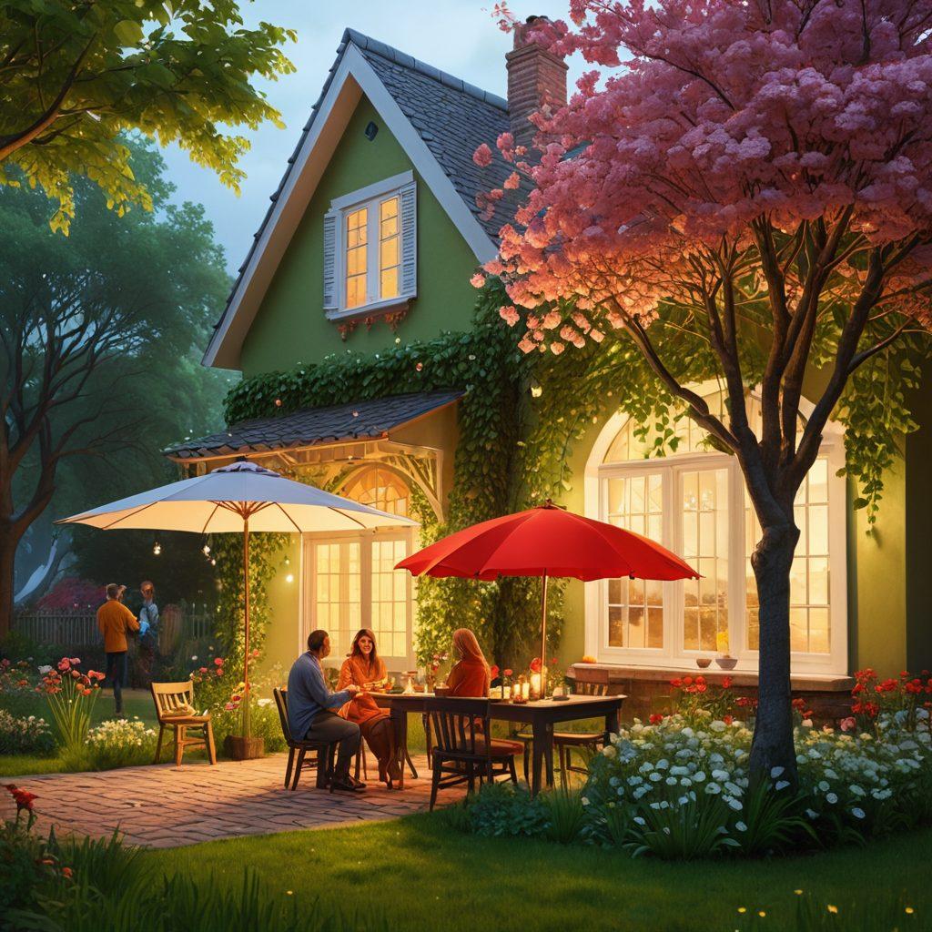 A beautifully illustrated journey of a couple, starting from a romantic picnic in a lush green park, transitioning to various life stages like partnership discussions over a cozy dinner, navigating obstacles like a stormy weather icon, and finally celebrating resilience with a strong home structure holding protective umbrellas. Symbolic elements of insurance like shields and safety nets subtly integrated throughout the scene. vibrant colors. 3D.