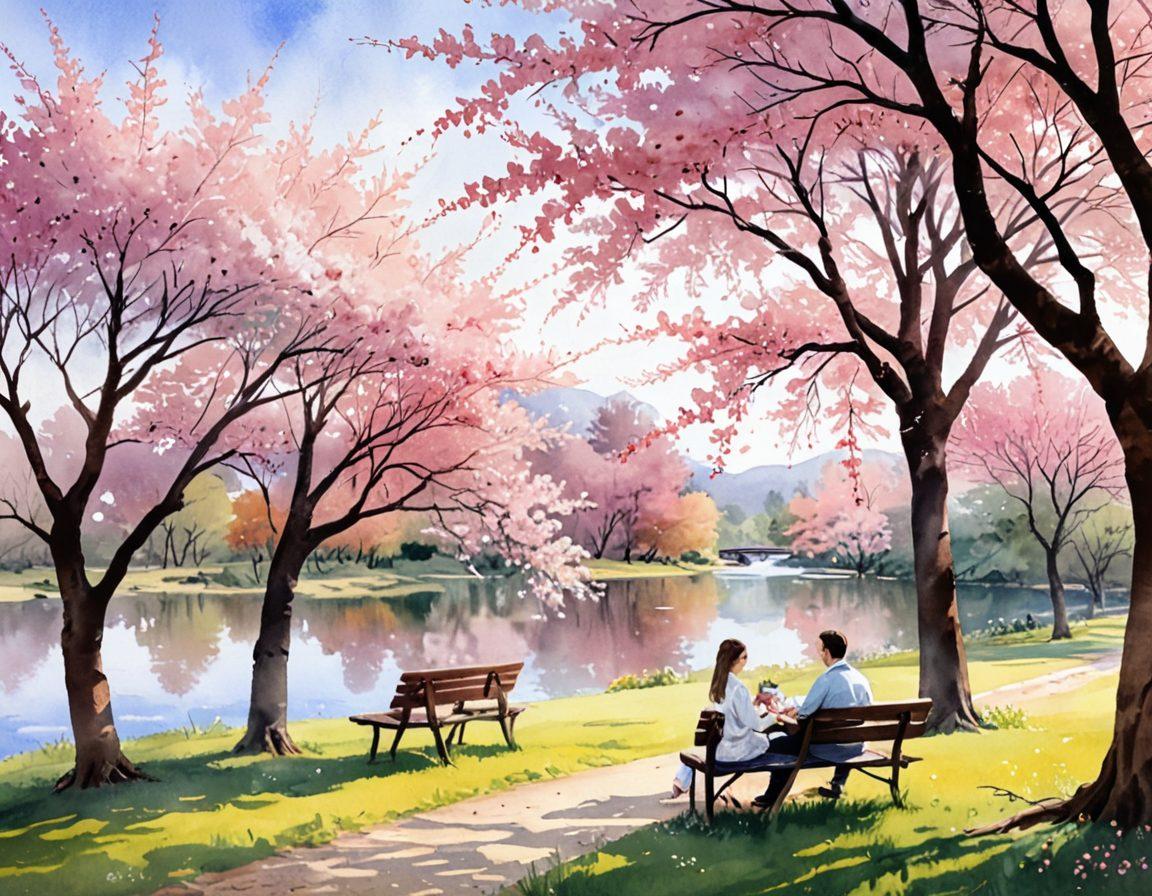 A serene park setting with a couple enjoying a picnic under blooming cherry blossoms, surrounded by symbols of insurance like a shield and heart icons subtly integrated into the scene. The atmosphere is warm and inviting, embodying love and life. Nearby, a gentle stream reflects the sunlight, representing security and peace of mind. The color palette is soft and pastel, evoking feelings of romance and tranquility. watercolor painting style.