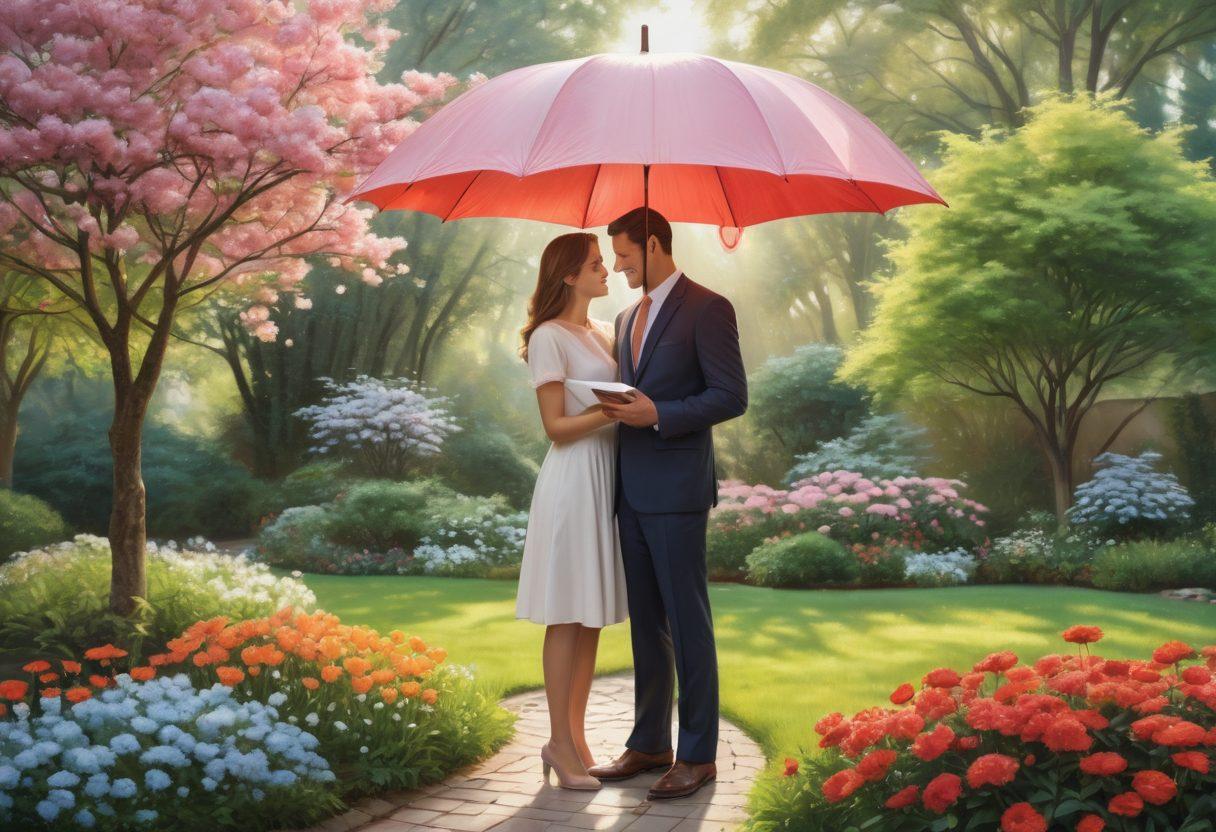 A romantic couple standing under an umbrella shaped like a heart, surrounded by various insurance policy documents floating gently around them. The background features a tranquil scene with soft pastel colors symbolizing love, safety, and protection. Include elements like a shield emblem representing security and a blossoming garden to signify growth in relationships. The couple is smiling, showcasing their confidence in their choices. vibrant colors. super-realistic.